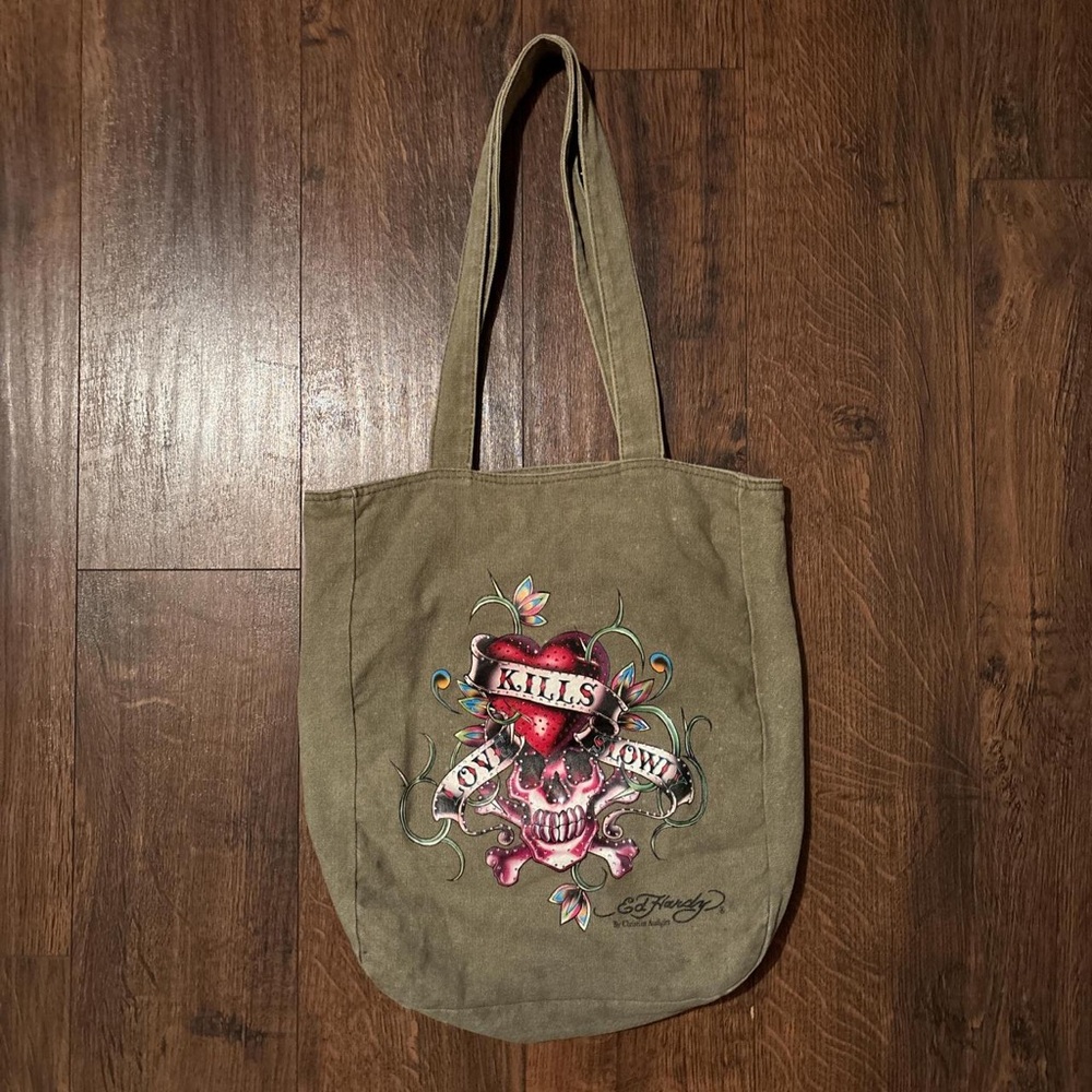 Ed Hardy Green Tote with Pink Skull Design